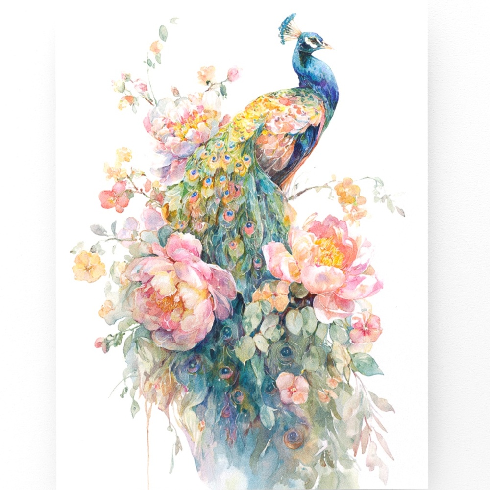 Watercolor Floral Peacock Wall Art Illustration Print Poster Card Unframed - Picture 9 of 9